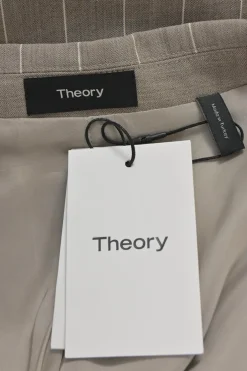 Taupe grey pinstripe wool-blend two-piece suit set featuring notch lapel tailored jacket with mid-rise tapered-leg tailored trousers