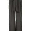 Taupe grey polyester tie-waist pleat-front tailored trousers