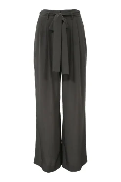 Taupe grey polyester tie-waist pleat-front tailored trousers