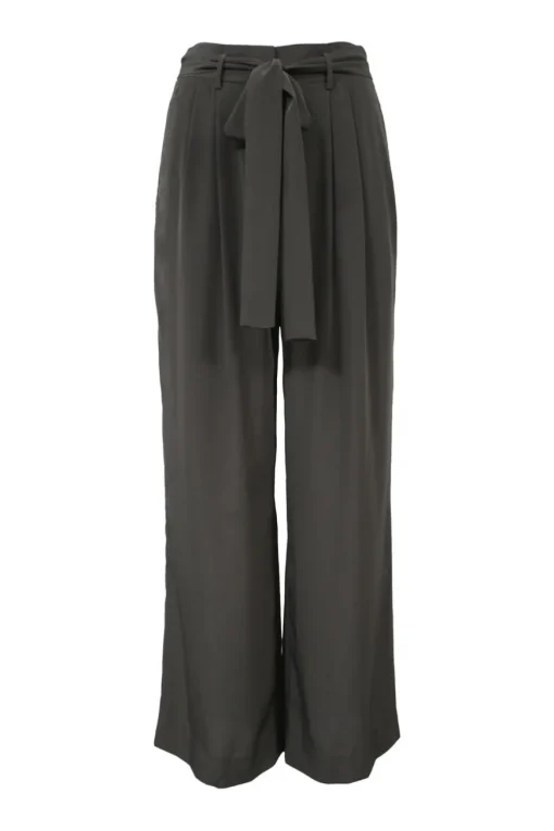 Taupe grey polyester tie-waist pleat-front tailored trousers