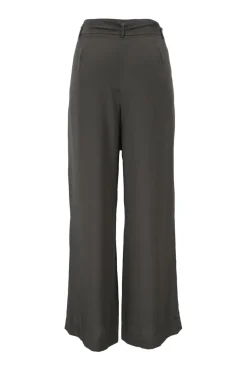 Taupe grey polyester tie-waist pleat-front tailored trousers