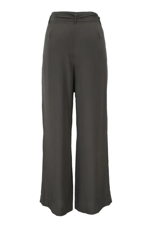 Taupe grey polyester tie-waist pleat-front tailored trousers