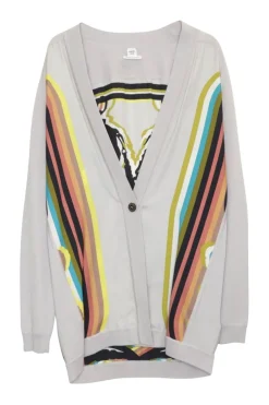Taupe mixed media silk and cotton belted foulard cardigan featuring signature Brides de Gala motif