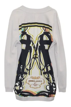 Taupe mixed media silk and cotton belted foulard cardigan featuring signature Brides de Gala motif