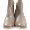 Taupe polished calfskin almond toe zip-up ankle booties with scalloped block heel