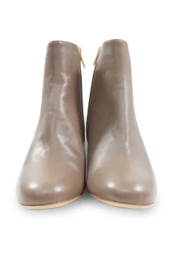 Taupe polished calfskin almond toe zip-up ankle booties with scalloped block heel