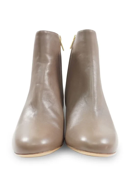 Taupe polished calfskin almond toe zip-up ankle booties with scalloped block heel