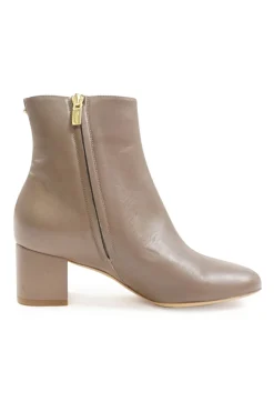 Taupe polished calfskin almond toe zip-up ankle booties with scalloped block heel