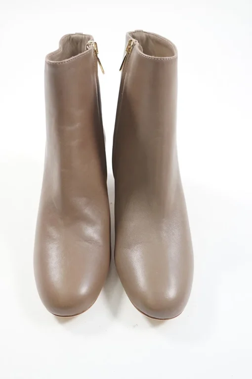 Taupe polished calfskin almond toe zip-up ankle booties with scalloped block heel
