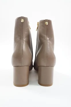 Taupe polished calfskin almond toe zip-up ankle booties with scalloped block heel