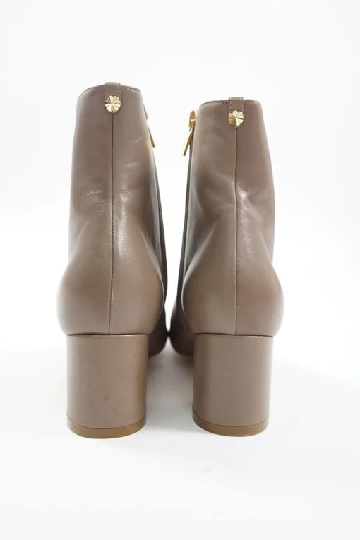 Taupe polished calfskin almond toe zip-up ankle booties with scalloped block heel