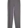 Taupe polyester-wool blend crêpe darted pintuck trousers with fold over hem