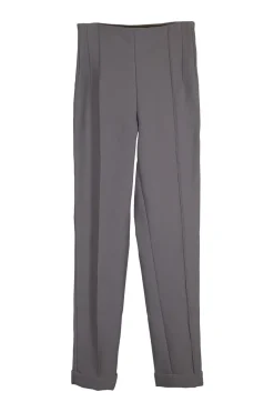 Taupe polyester-wool blend crêpe darted pintuck trousers with fold over hem