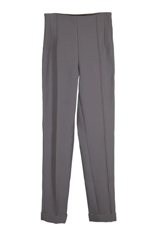Taupe polyester-wool blend crêpe darted pintuck trousers with fold over hem