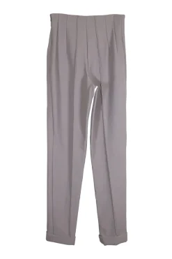 Taupe polyester-wool blend crêpe darted pintuck trousers with fold over hem