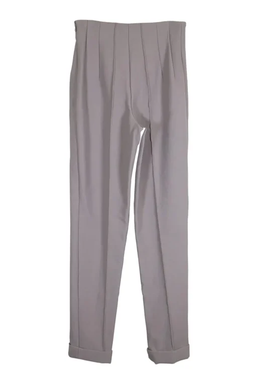 Taupe polyester-wool blend crêpe darted pintuck trousers with fold over hem