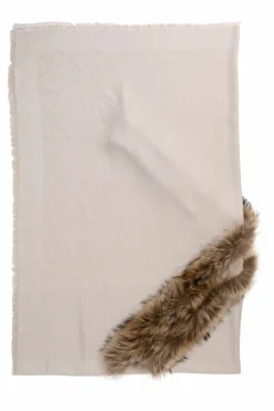 Taupe raccoon fur-trimmed silk-wool blend FF Zucca monogram jacquard wrap shawl scarf