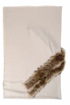 Taupe raccoon fur-trimmed silk-wool blend FF Zucca monogram jacquard wrap shawl scarf