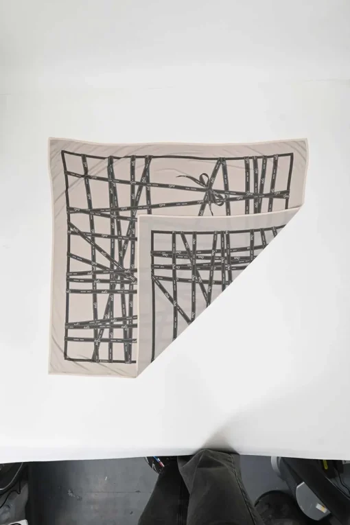 Taupe silk 'Bolduc' printed jersey scarf featuring original artwork by Jean-louis Dumas