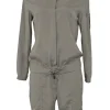 Taupe silk-blend band collar drawstring waist track romper
