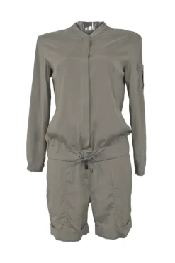 Taupe silk-blend band collar drawstring waist track romper