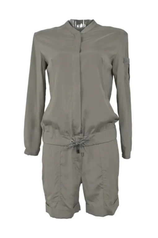 Taupe silk-blend band collar drawstring waist track romper
