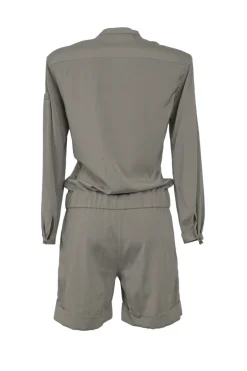 Taupe silk-blend band collar drawstring waist track romper