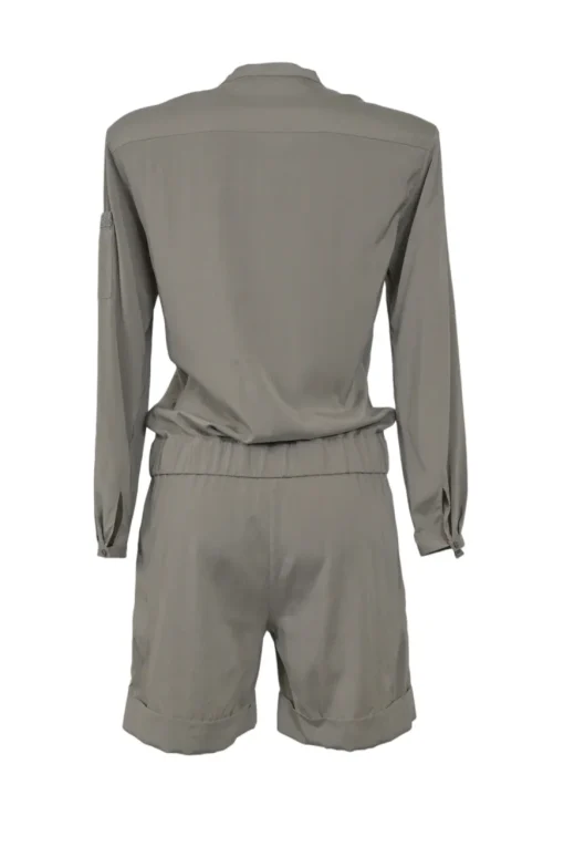 Taupe silk-blend band collar drawstring waist track romper
