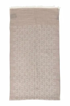 Taupe wool-silk blend GG monogram jacquard reversible fringe stole