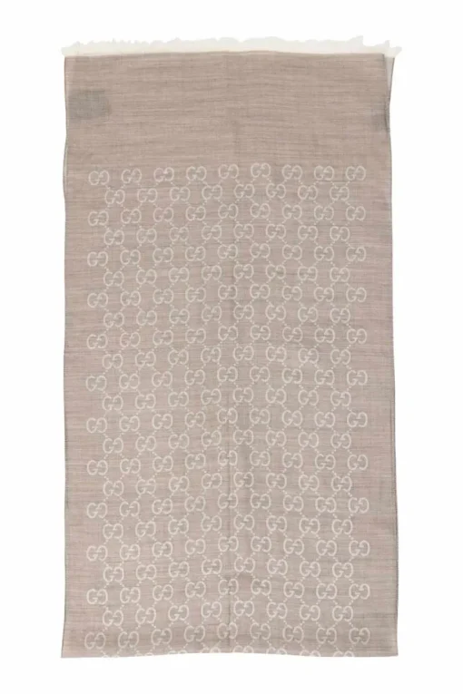 Taupe wool-silk blend GG monogram jacquard reversible fringe stole