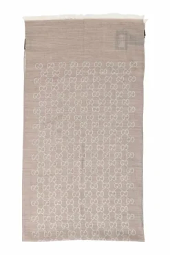 Taupe wool-silk blend GG monogram jacquard reversible fringe stole