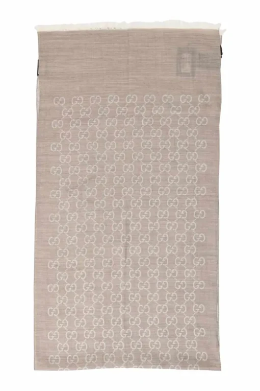 Taupe wool-silk blend GG monogram jacquard reversible fringe stole