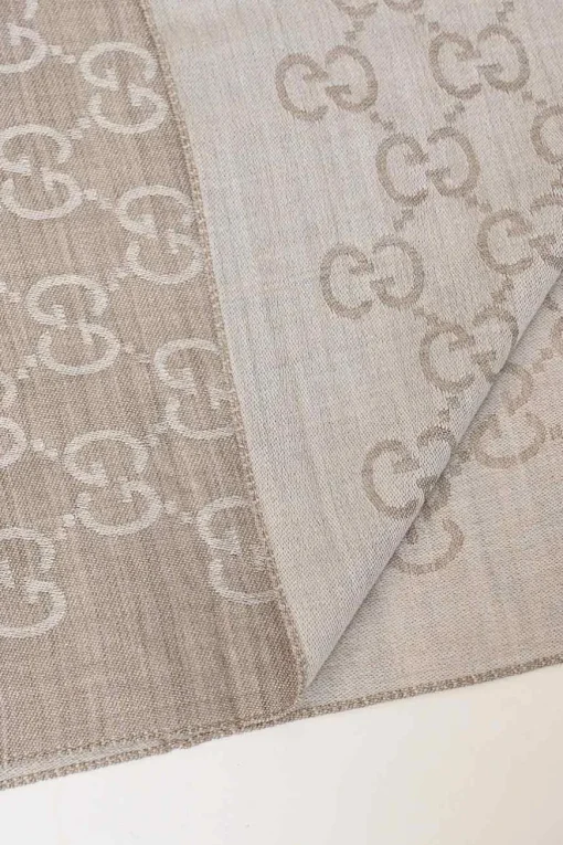Taupe wool-silk blend GG monogram jacquard reversible fringe stole