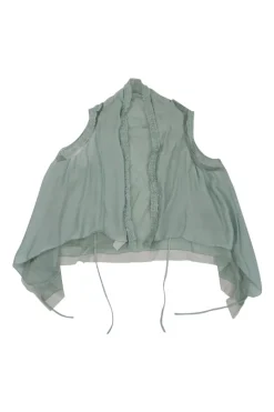 Teal draped silk mixed-media open-front swing ruffle gilet with adjustable tubular ties
