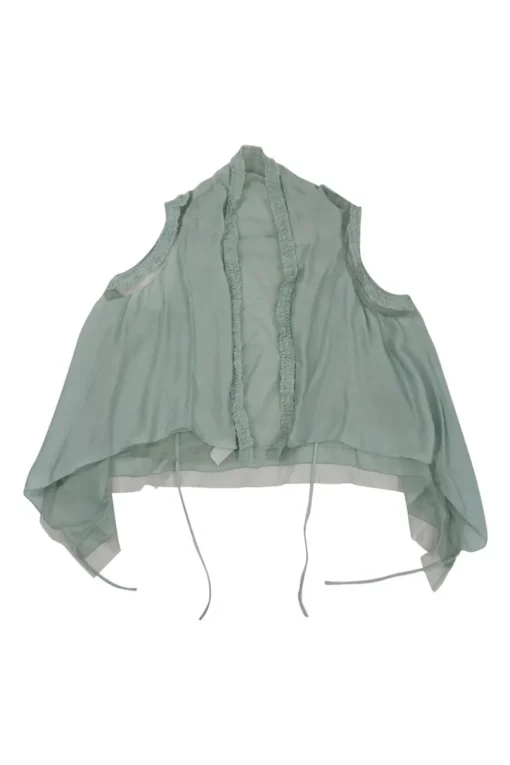 Teal draped silk mixed-media open-front swing ruffle gilet with adjustable tubular ties