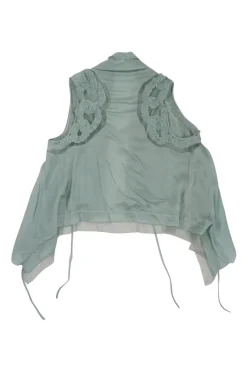 Teal draped silk mixed-media open-front swing ruffle gilet with adjustable tubular ties