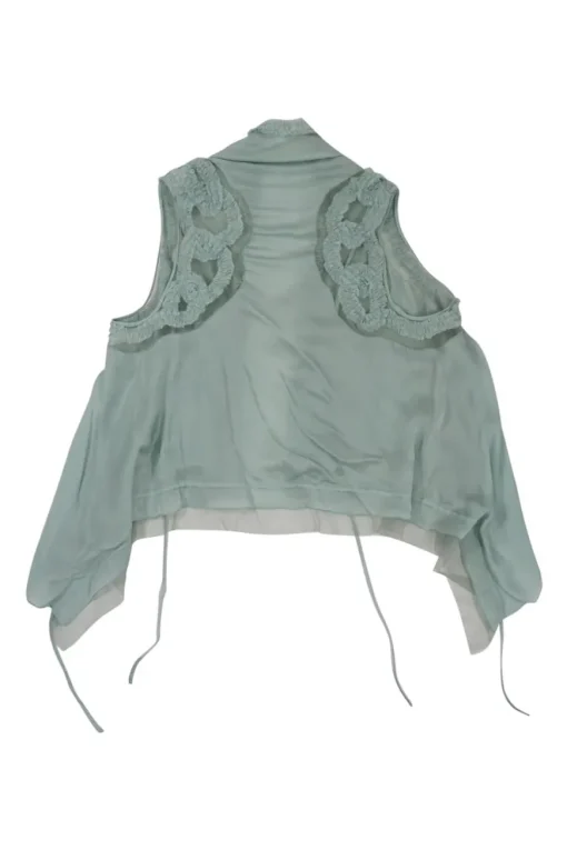 Teal draped silk mixed-media open-front swing ruffle gilet with adjustable tubular ties