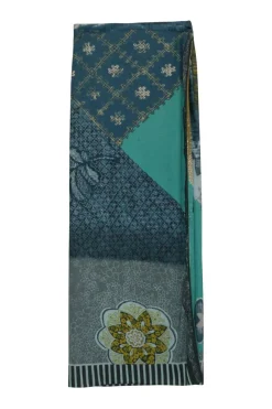 Teal polyester abstract patchwork print wrap-front sarong-style midi skirt with self-tie hip fastening