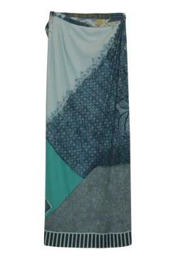 Teal polyester abstract patchwork print wrap-front sarong-style midi skirt with self-tie hip fastening