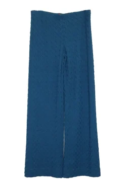 Teal rayon-blend textured 3D warp knit flared pants