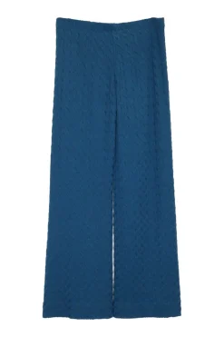 Teal rayon-blend textured 3D warp knit flared pants