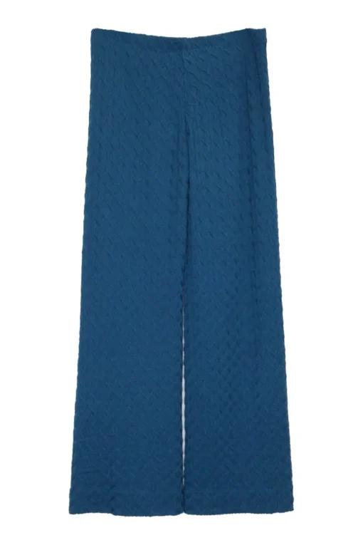 Teal rayon-blend textured 3D warp knit flared pants