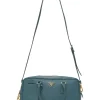 Teal Saffiano leather Vitello Daino rectangle bowler bag with detachable shoulder strap