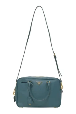 Teal Saffiano leather Vitello Daino rectangle bowler bag with detachable shoulder strap