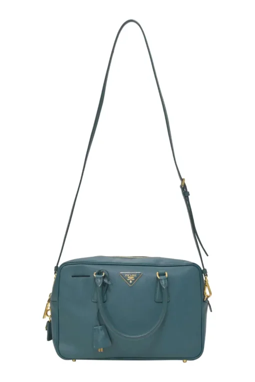 Teal Saffiano leather Vitello Daino rectangle bowler bag with detachable shoulder strap
