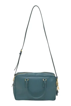 Teal Saffiano leather Vitello Daino rectangle bowler bag with detachable shoulder strap