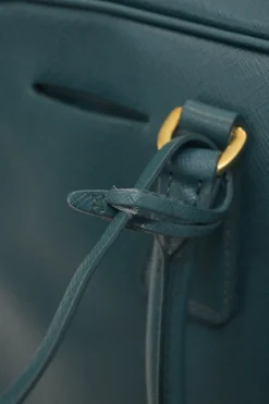 Teal Saffiano leather Vitello Daino rectangle bowler bag with detachable shoulder strap
