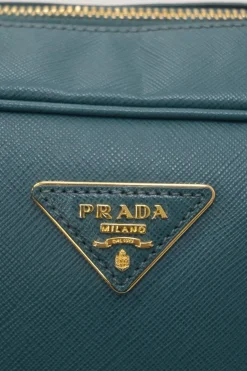 Teal Saffiano leather Vitello Daino rectangle bowler bag with detachable shoulder strap