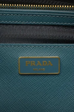 Teal Saffiano leather Vitello Daino rectangle bowler bag with detachable shoulder strap