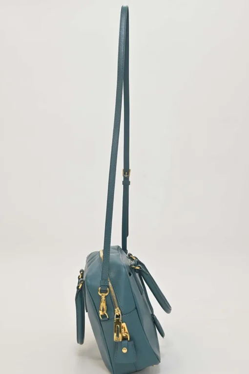 Teal Saffiano leather Vitello Daino rectangle bowler bag with detachable shoulder strap